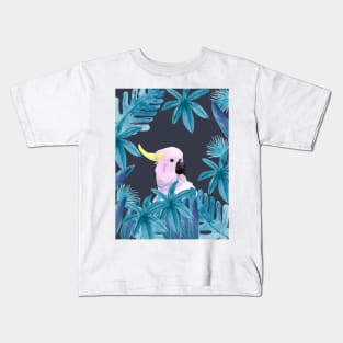 Cockatoo with tropical leaves in watercolor and an indigo background Kids T-Shirt